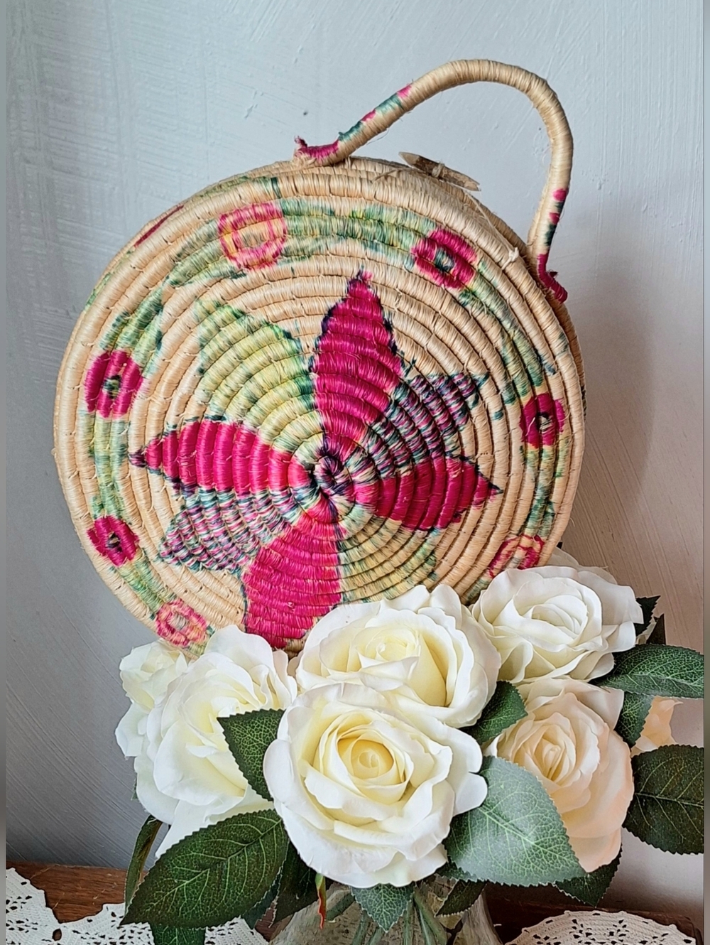 Vintage Coiled Wicker Handwoven & Hand Painted Circle Handbag With Carved Toggle